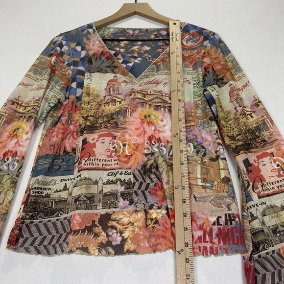 Y2K Vibrant Hawaiian Print Top Womens Medium* Hula Girl Lettuce Hem Dainty Fairy - Picture 12 of 12